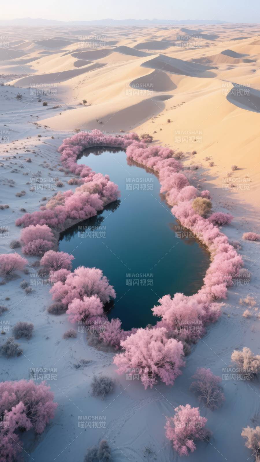 沙漠粉花映碧水图片