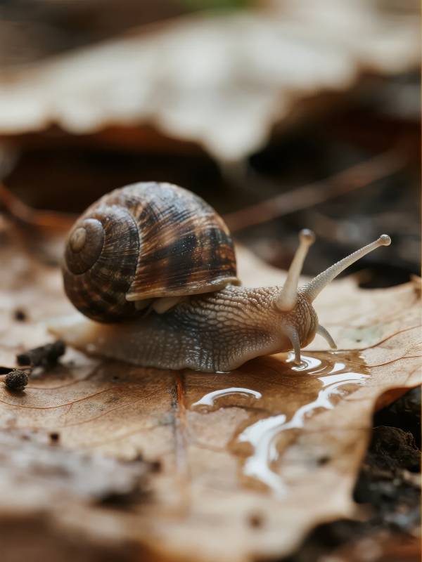 蜗牛爬行于落叶上图片