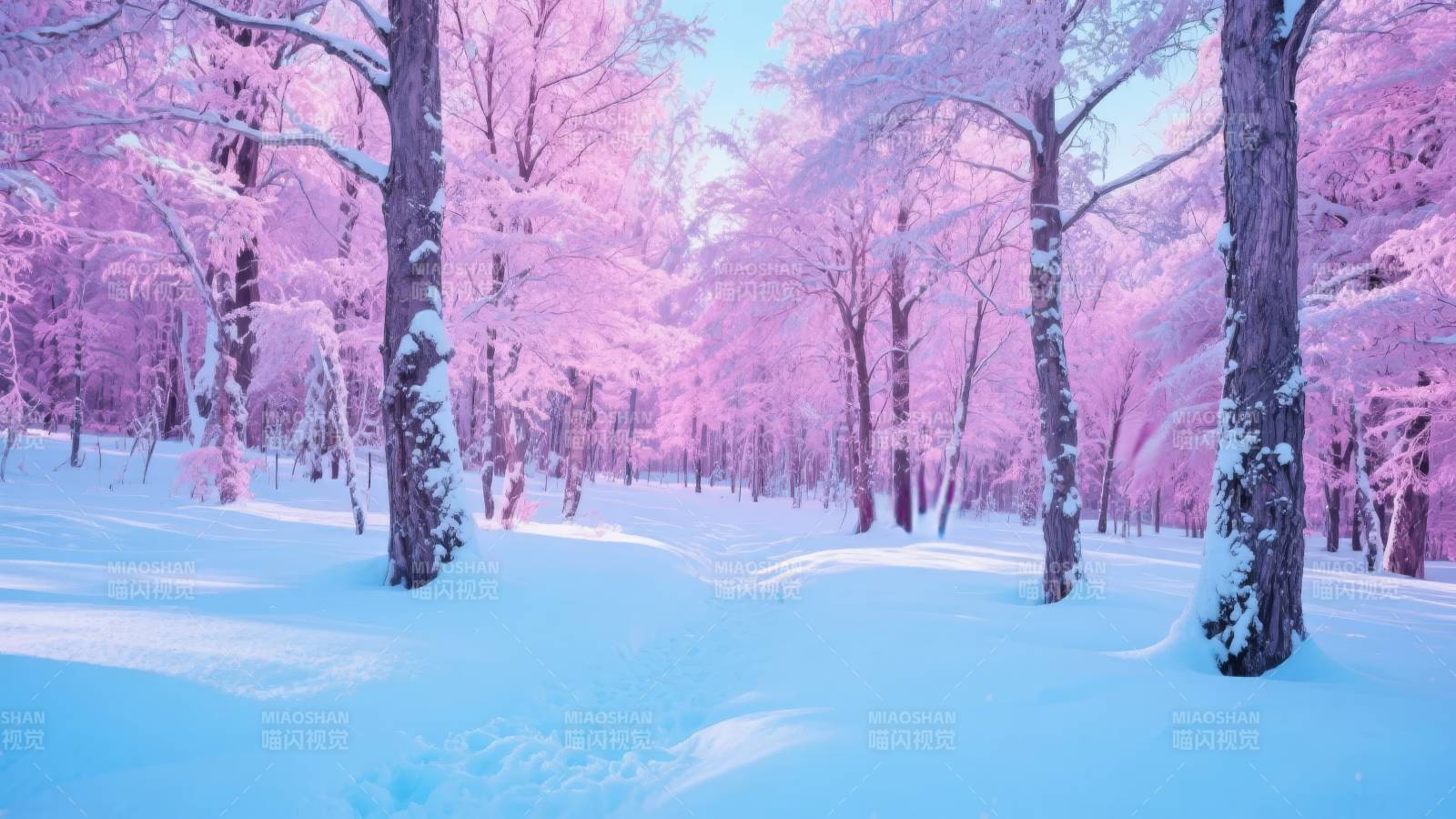 粉雪森林奇景图片