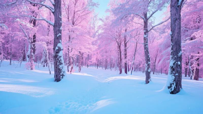 粉雪森林奇景图片