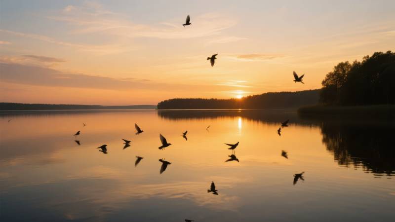 湖上飞鸟夕阳美图片