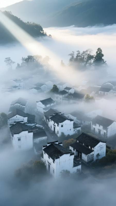 云雾缭绕古村落图片