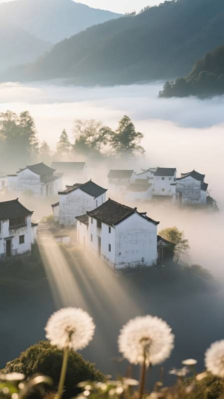 雾中古村晨光图片