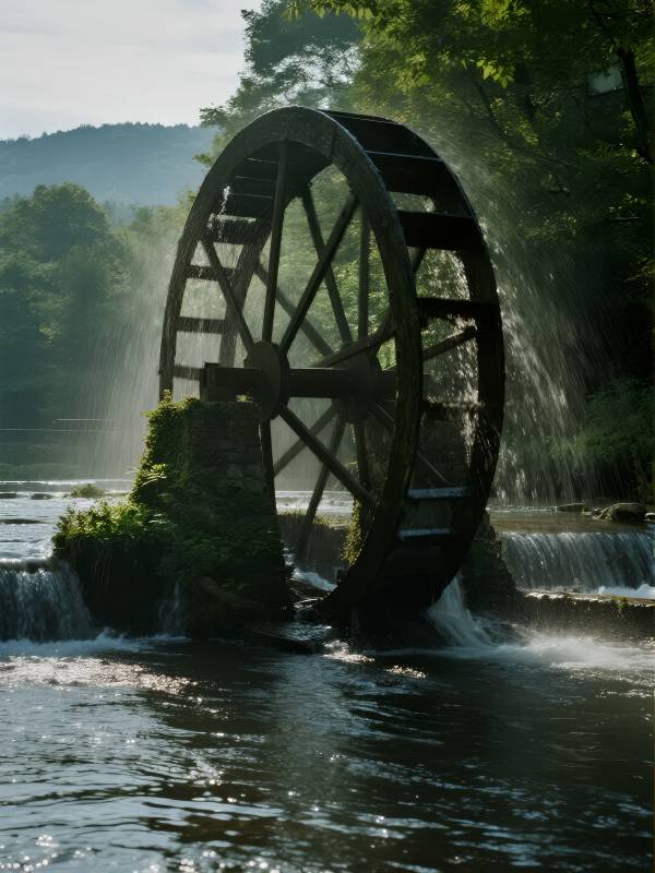 水车转动 溪流潺潺图片