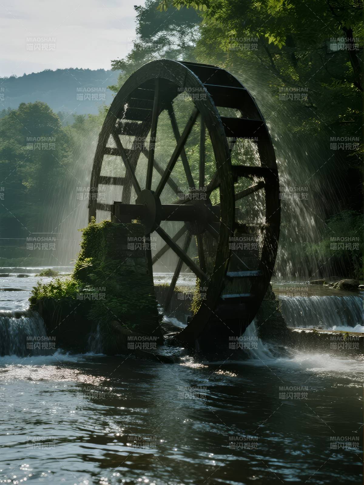 水车转动 溪流潺潺图片