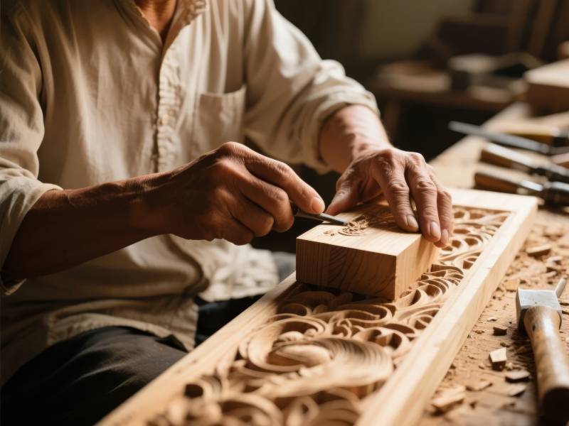 木雕匠人专注雕刻图片