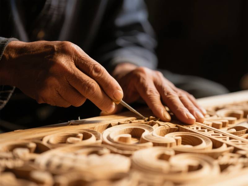 木雕匠人精雕细琢图片