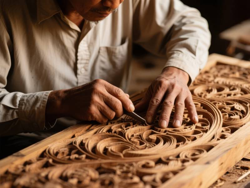 木雕匠人精雕细琢图片