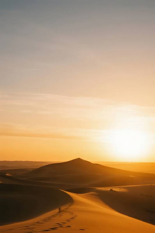 沙漠日落行迹图片