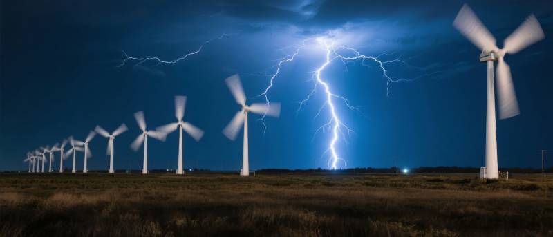 风车与闪电夜景图片