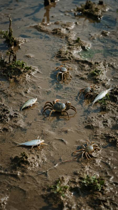 泥滩上的蟹与鱼图片