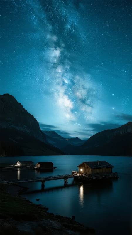 星河下的湖畔小屋图片