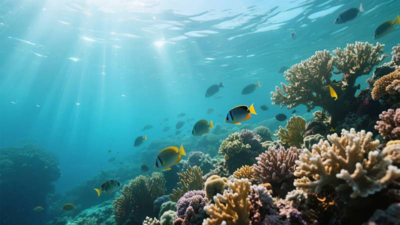 珊瑚礁鱼群游弋图片