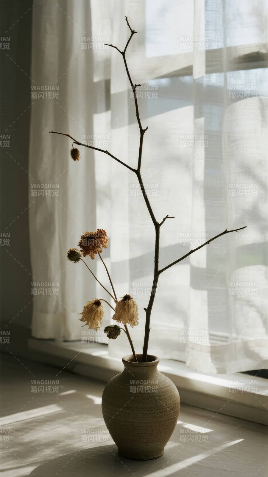 窗边枯枝静物图片