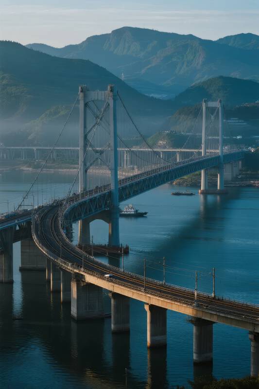 大桥横跨碧水青山图片