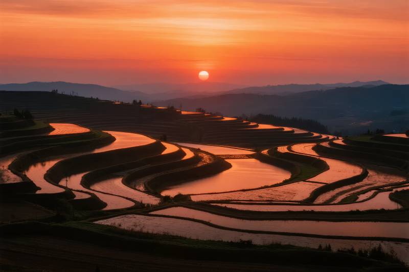 梯田日落美景图片