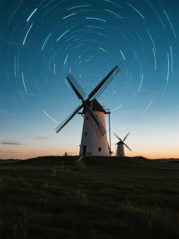 风车夜空星轨图片