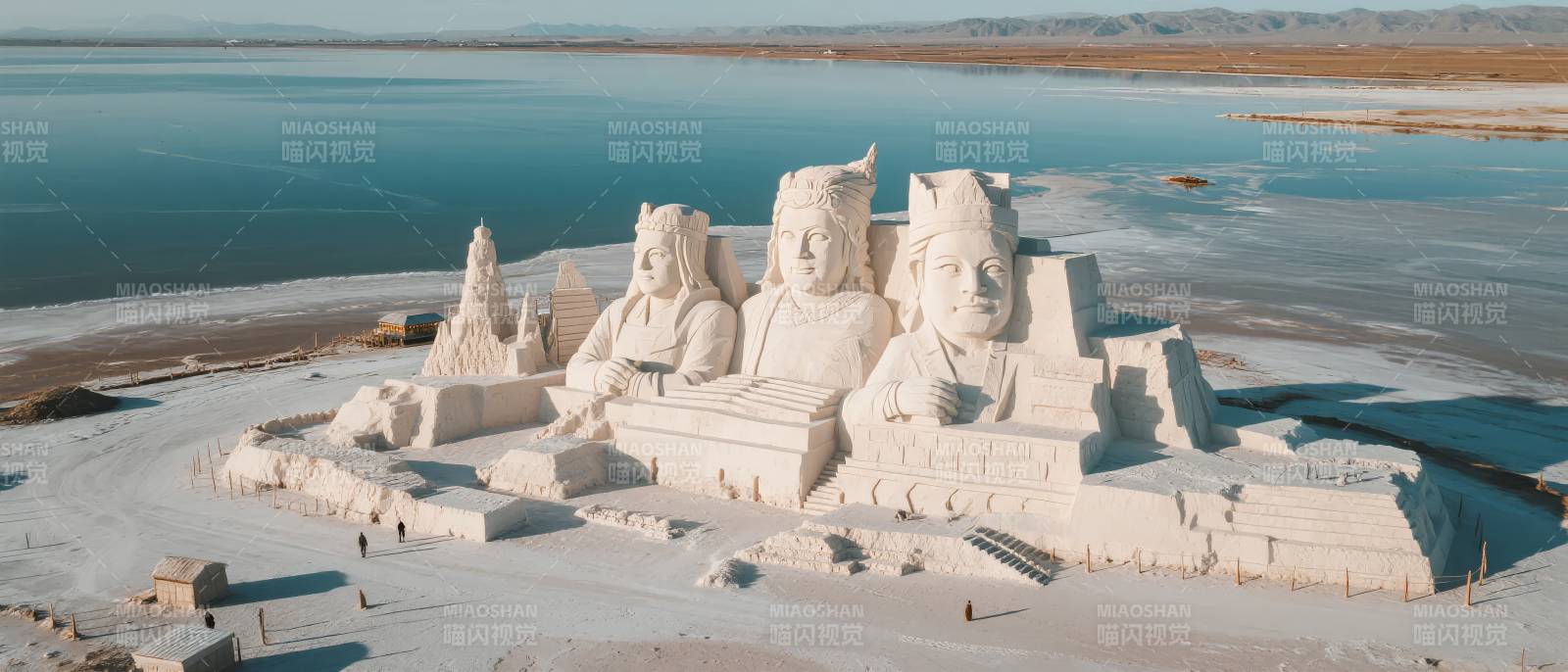雪雕群像映湖光图片