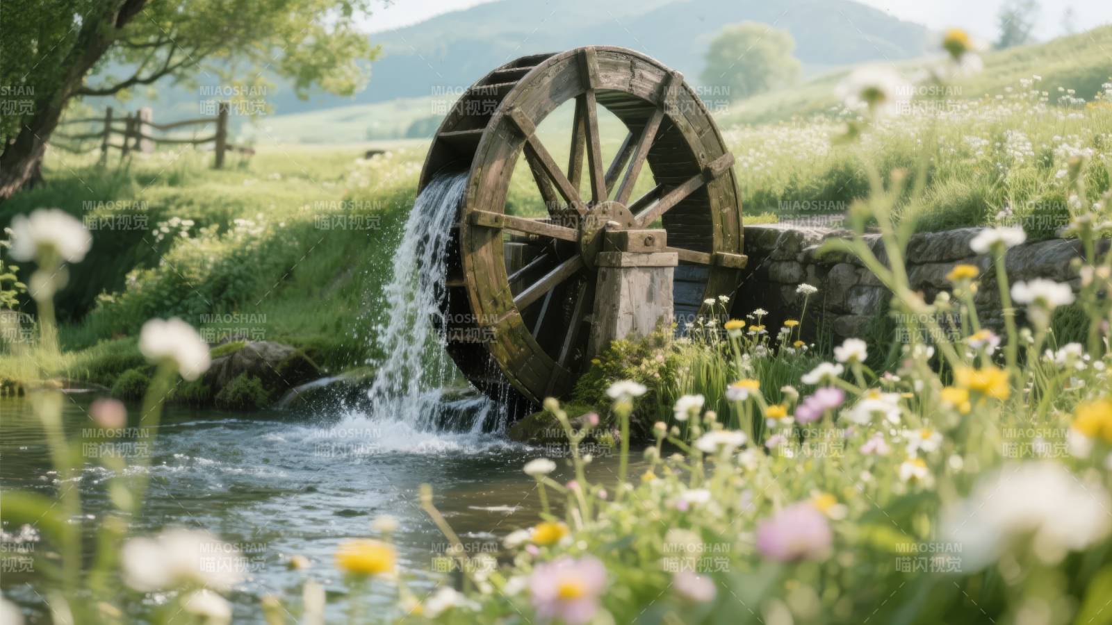 水车花溪春景图片