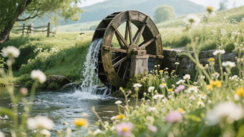水车花溪春景图片