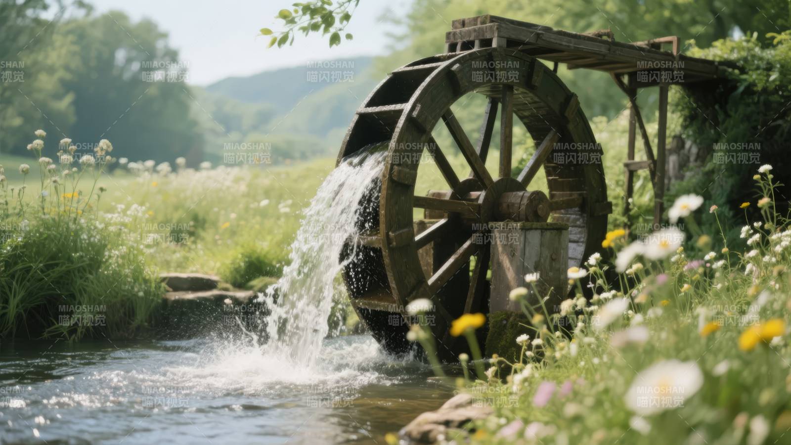 水车溪流花野图片