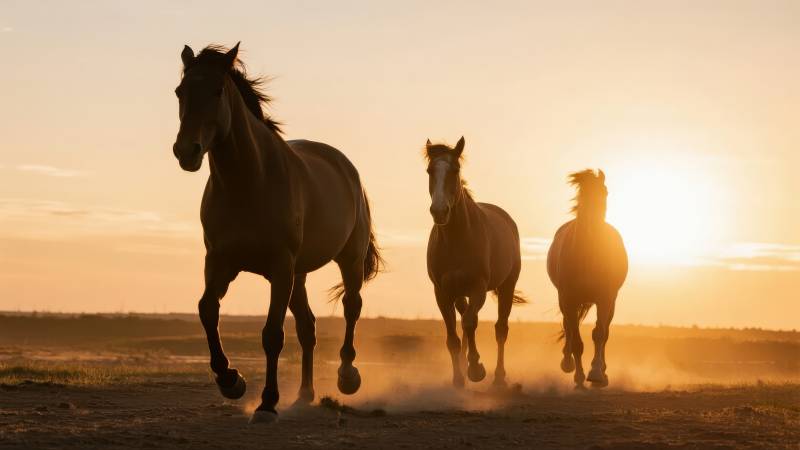 夕阳下奔腾的骏马图片