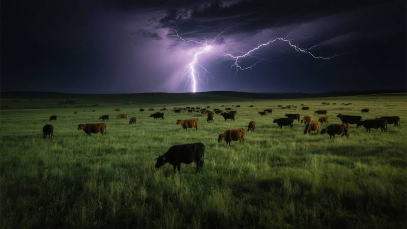 雷电下的草原牛群图片