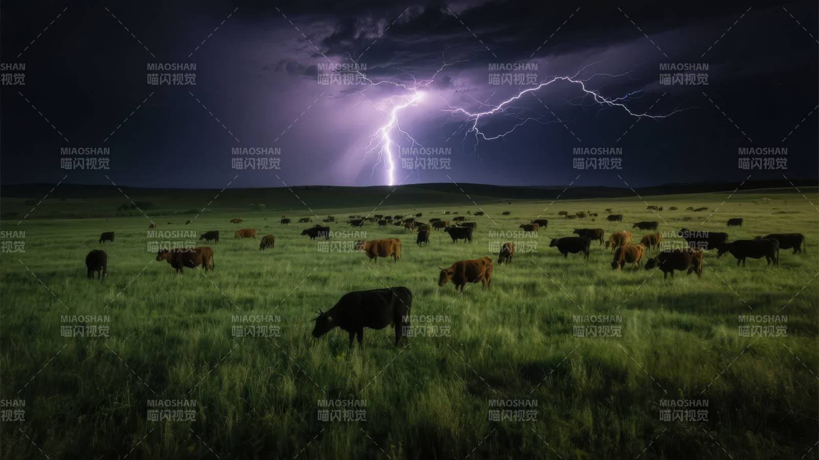 雷电下的草原牛群图片