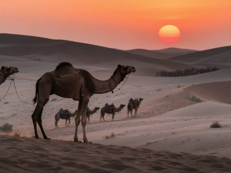 沙漠驼影夕阳下图片