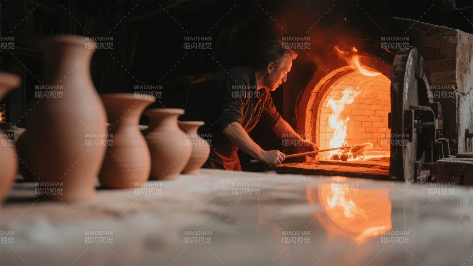 窑火中的陶艺师图片