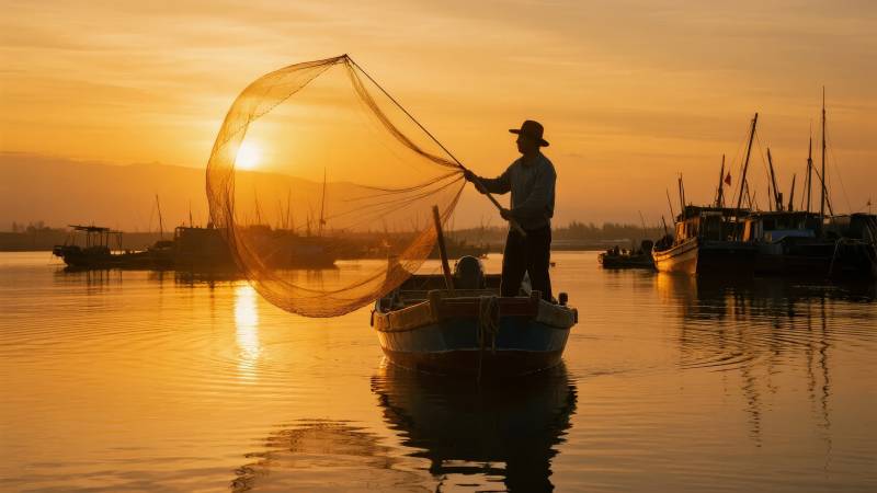 渔夫撒网夕阳下图片