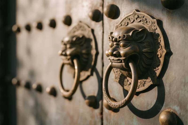 铜狮门环古韵图片