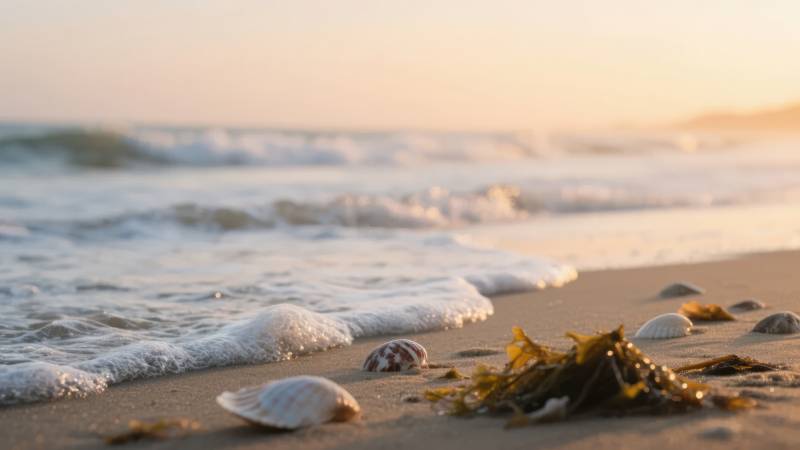 海滩晨曦贝壳静躺图片