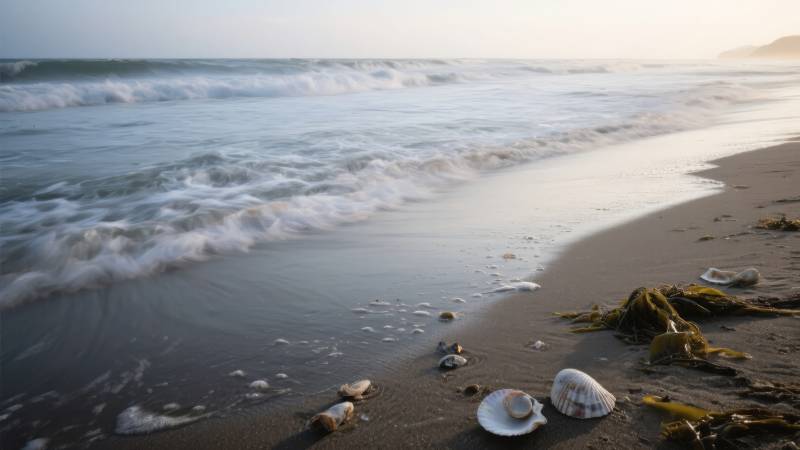 海边贝壳与浪花图片