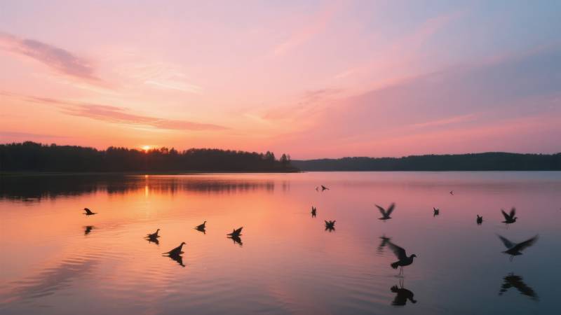湖上飞鸟夕阳美图片