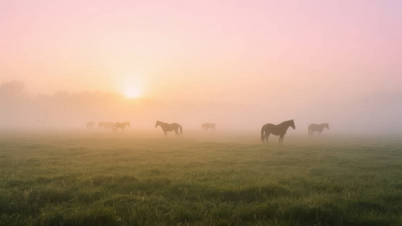 晨雾中的马群图片