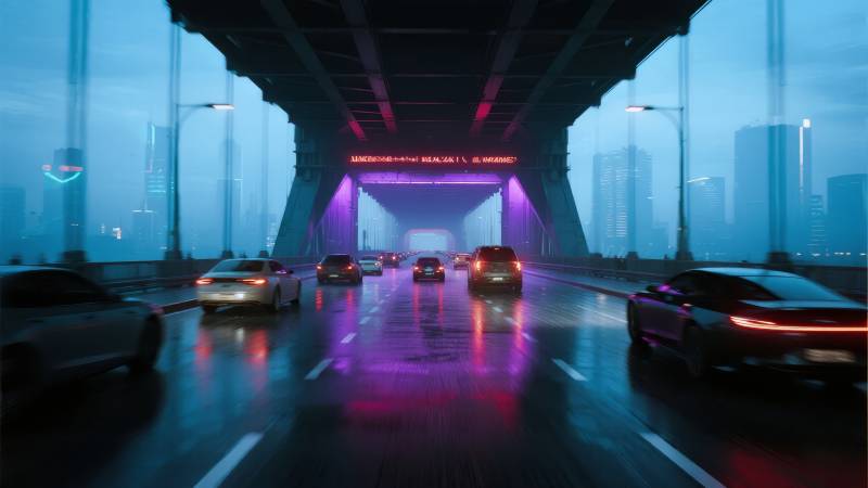 霓虹夜桥车流图片