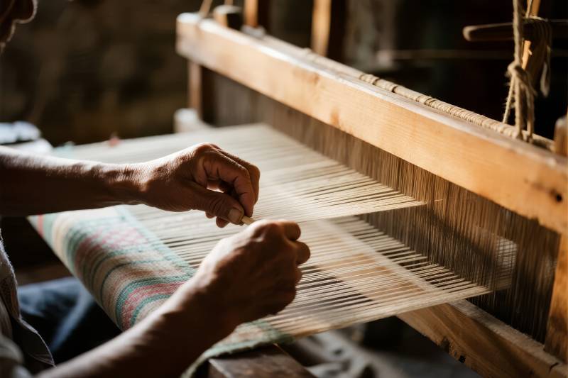 织布匠人专注劳作图片