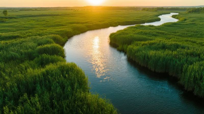 夕阳下的湿地河流图片
