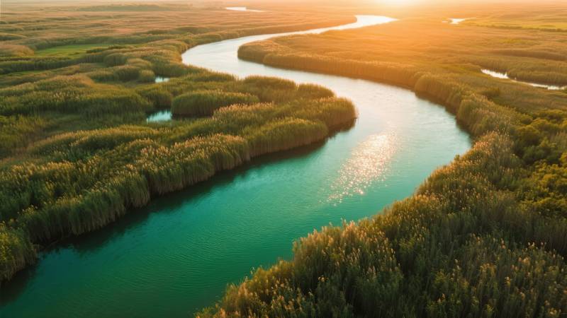 蜿蜒河流映夕阳图片