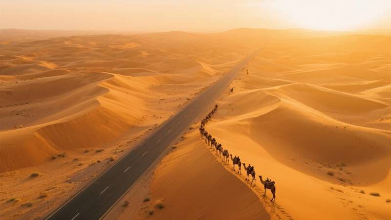 沙漠驼队行进图图片