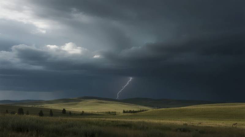 雷电划破草原夜空图片