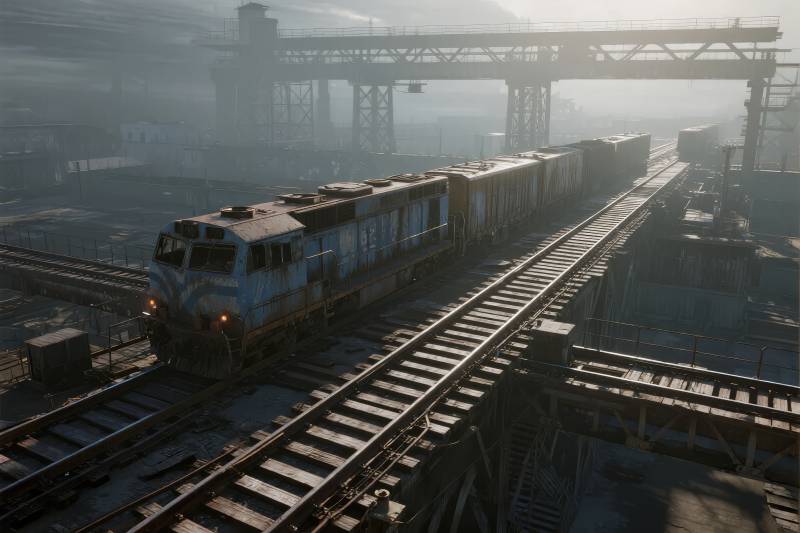 雾中火车驶过铁轨图片