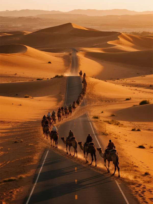 沙漠驼队行进图图片