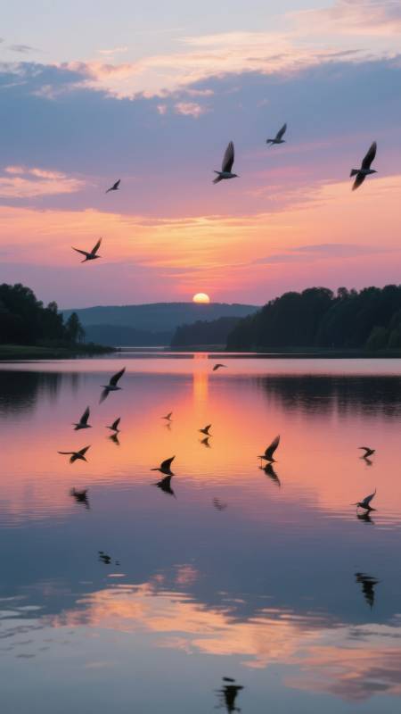 湖畔日落飞鸟图片