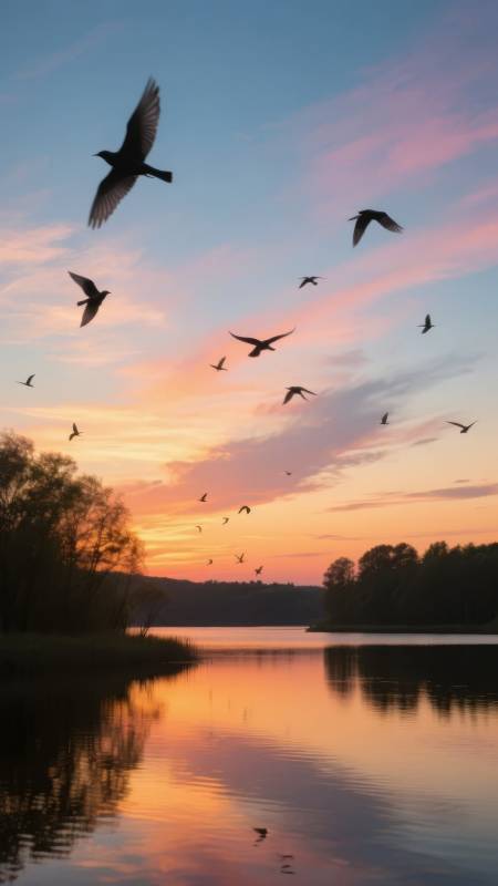 湖畔暮色飞鸟图片