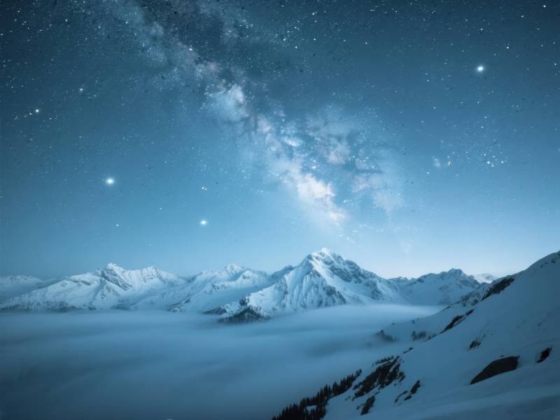 星河雪山夜景图片
