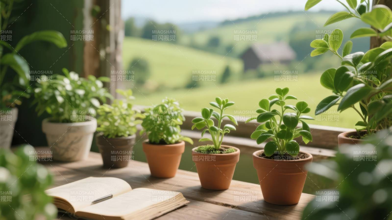 窗台绿植与书本图片