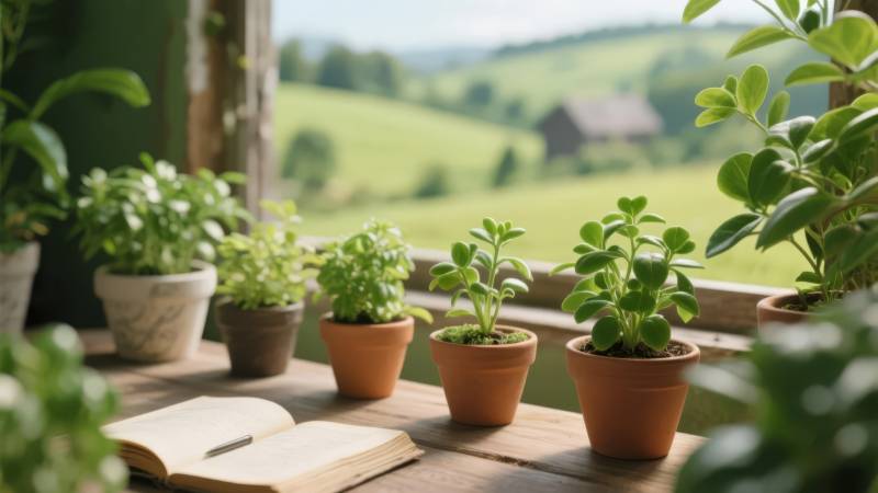 窗台绿植与书本图片