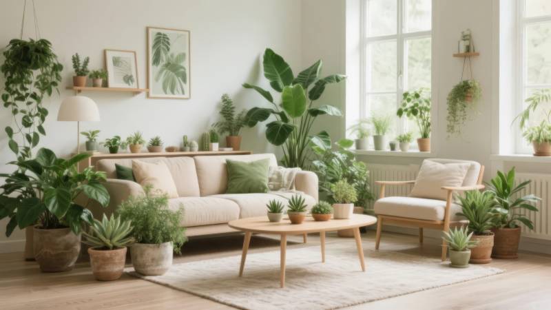 绿植环绕的温馨客厅图片